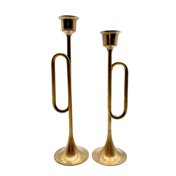 Vintage Graduated Brass Horn Bugle Candle Holders Set of 2 Christmas 9", 8" - Picture 1 of 8